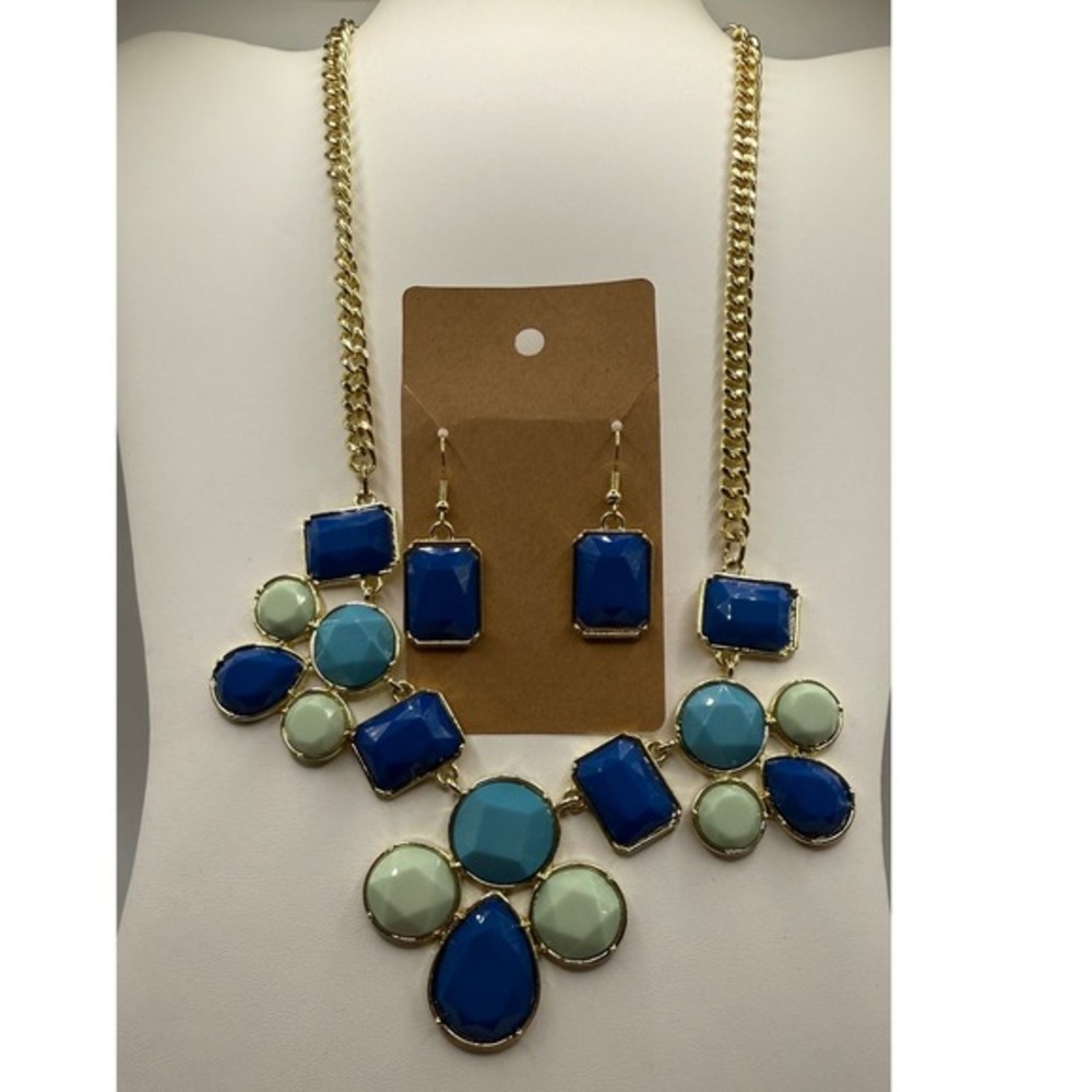 Blue Green Statement Necklace and Earrings Set Gold Tone Geometric Chunky